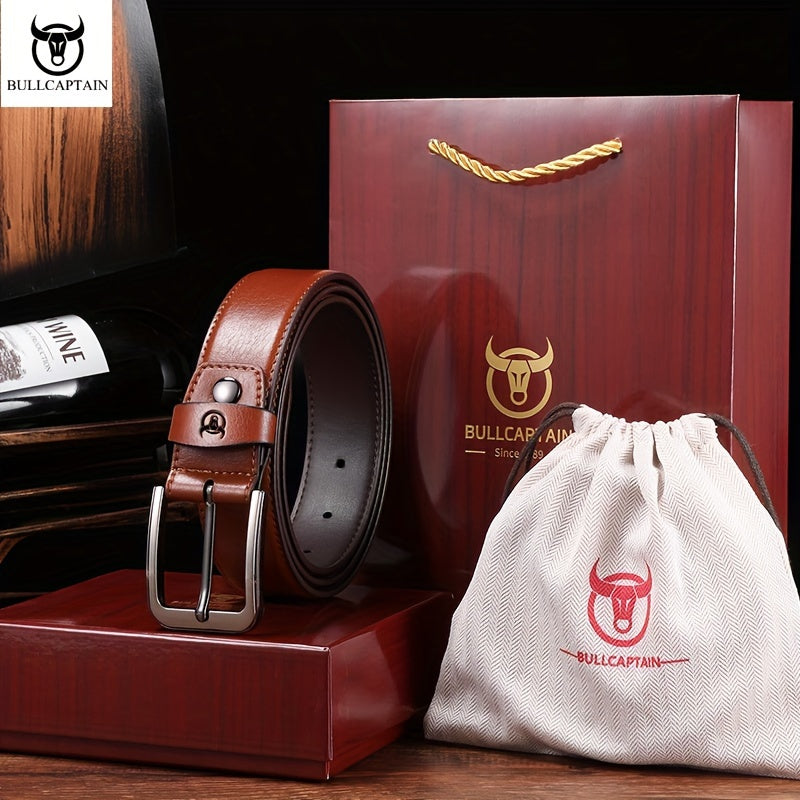 Bull captain Men's Fashion Pin Buckle Casual Genuine Leather Belt with Gift Box