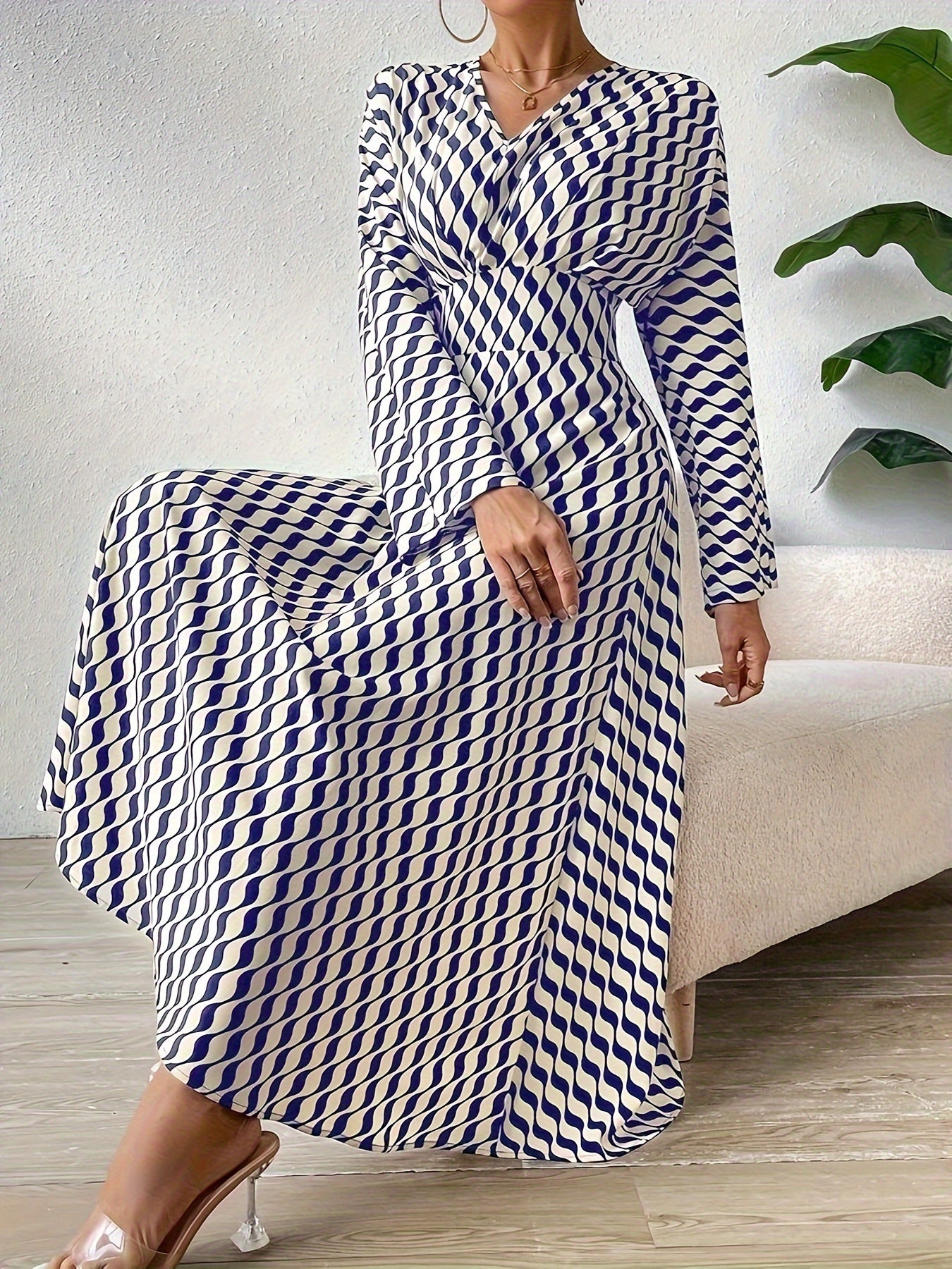 Striped Print High Waist Casual Long Sleeve Dress