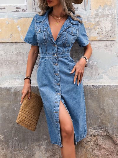 Women's Casual Plain Short Sleeve Mid-Length Denim Dress With Button Front And Elegant Silhouette