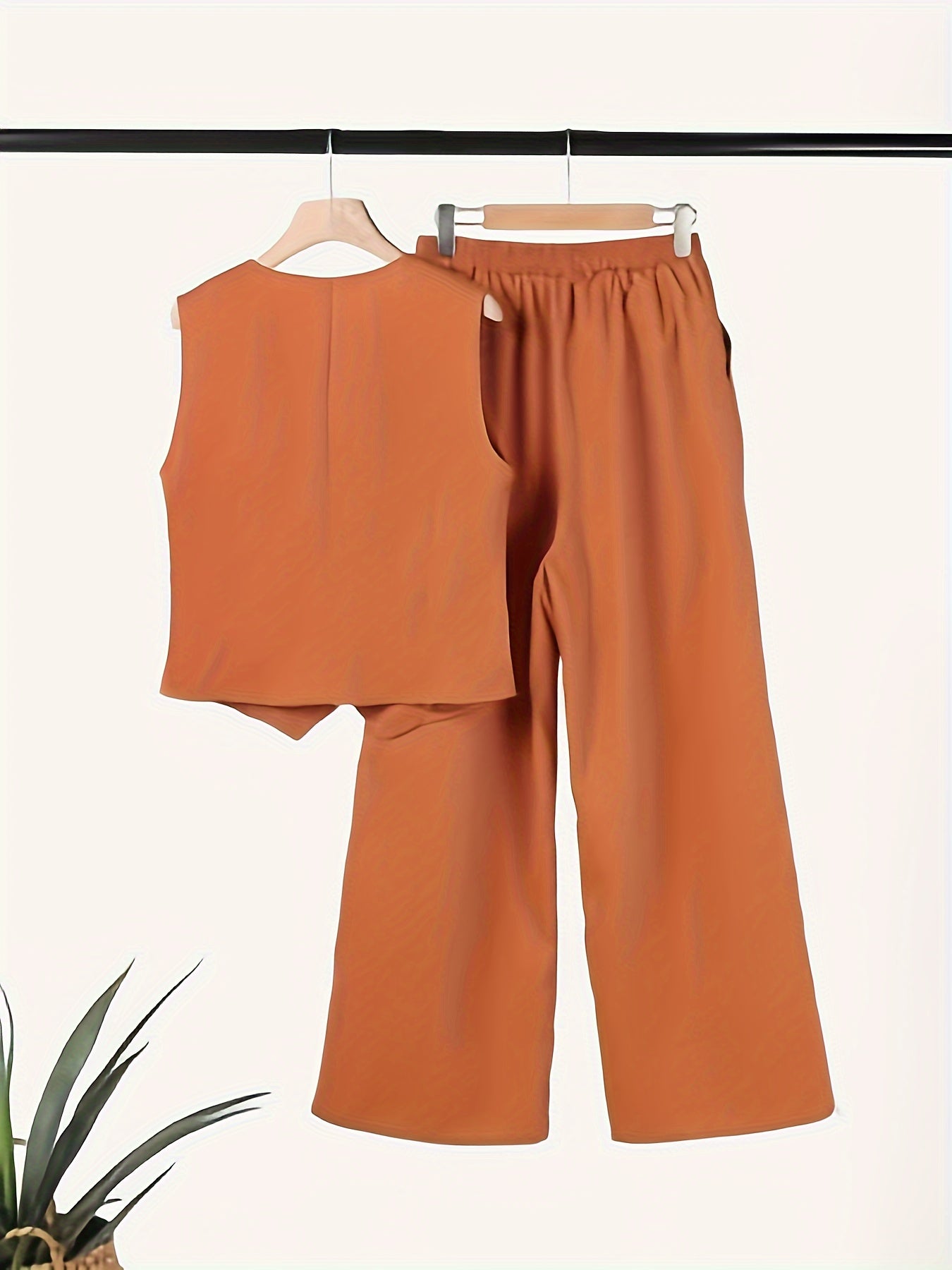 Solid Color Button Front Leisure 2 Piece Pant Set