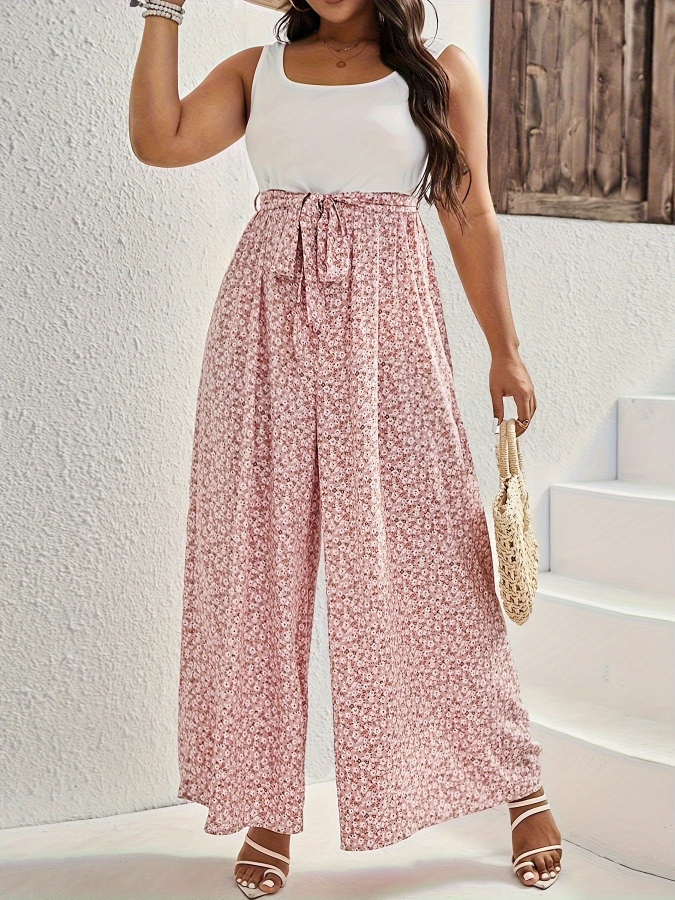 Plus Size Floral Print Wide Leg Casual Jumpsuit