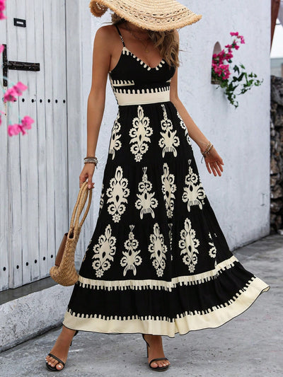 Women's Smocked Sleeveless Flowy Tribal Print Summer Boho  Maxi Dress