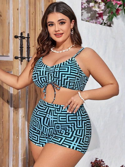 Plus Size High Waist Shorts Bikini With Mesh Cover Up 3 Piece Set