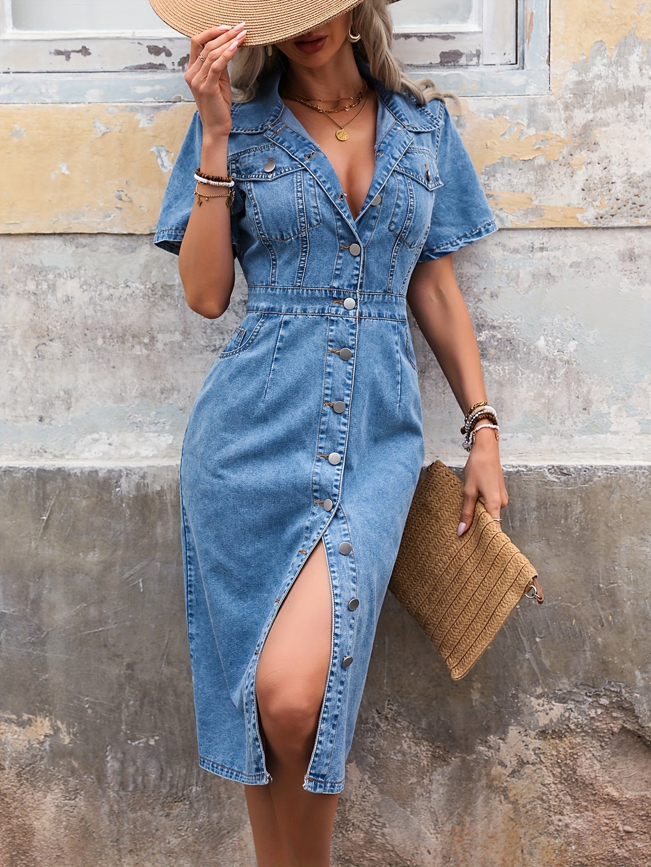 Women's Casual Plain Short Sleeve Mid-Length Denim Dress With Button Front And Elegant Silhouette