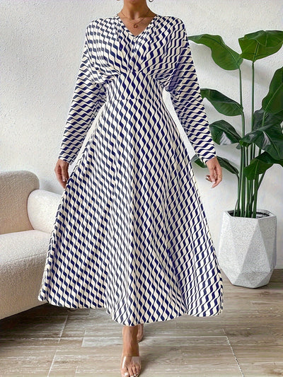 Striped Print High Waist Casual Long Sleeve Dress