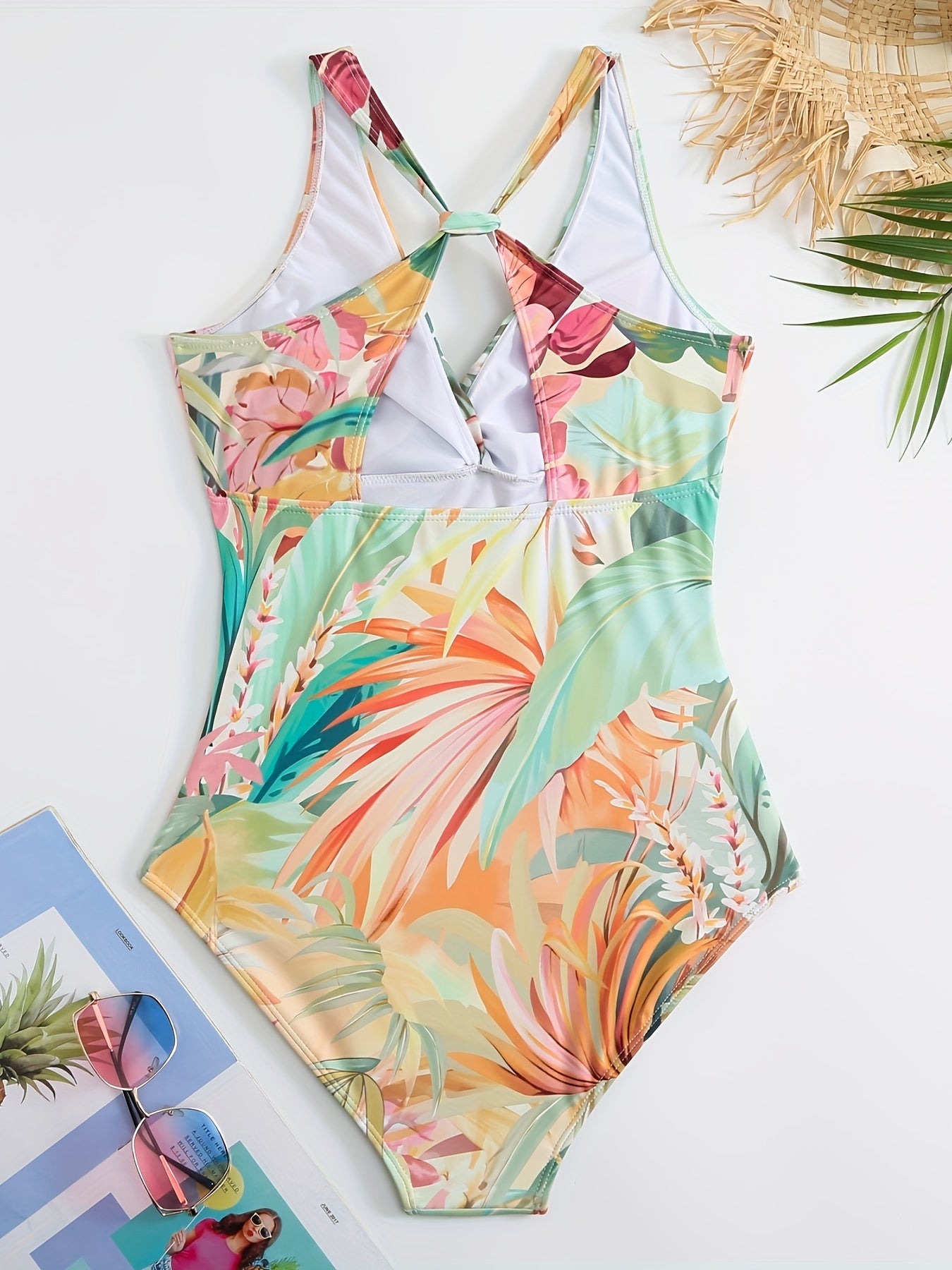 Tropical Print 2 Piece Swimsuits, V Neck Twisted One-piece Bathing-suit & Cover Up Skirt, Women's Swimwear & Clothing