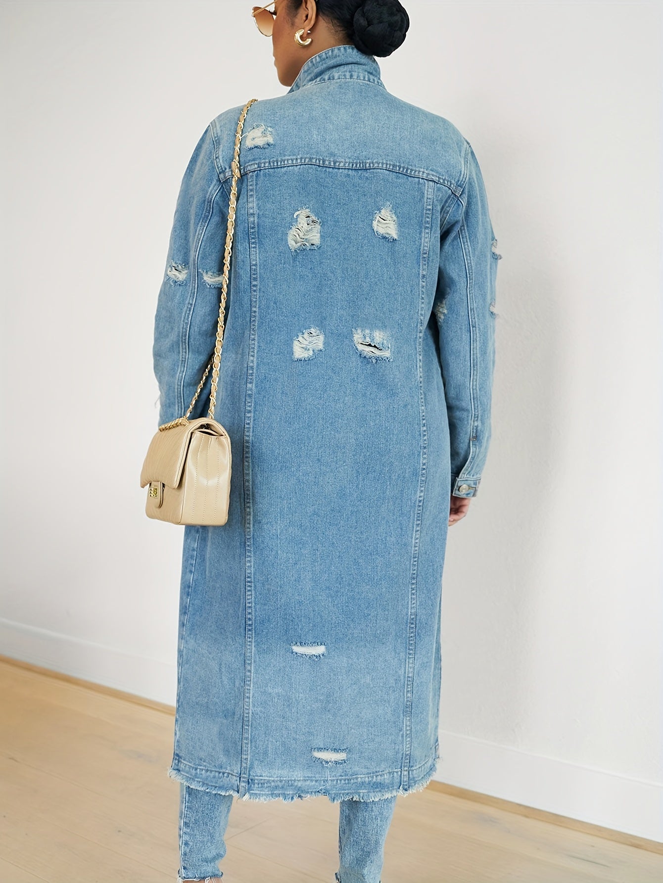 Ripped Raw Hem Distressed Plain Washed Blue Long Sleeve Maxi Denim Coat