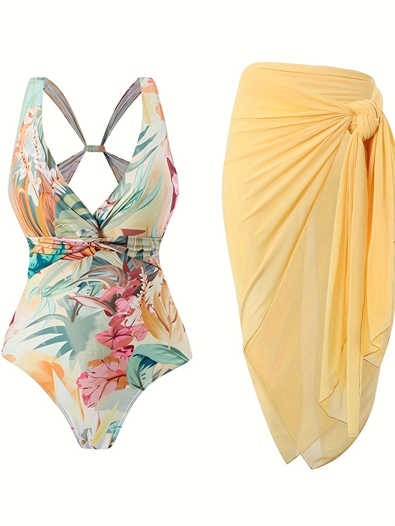 Tropical Print 2 Piece Swimsuits, V Neck Twisted One-piece Bathing-suit & Cover Up Skirt, Women's Swimwear & Clothing