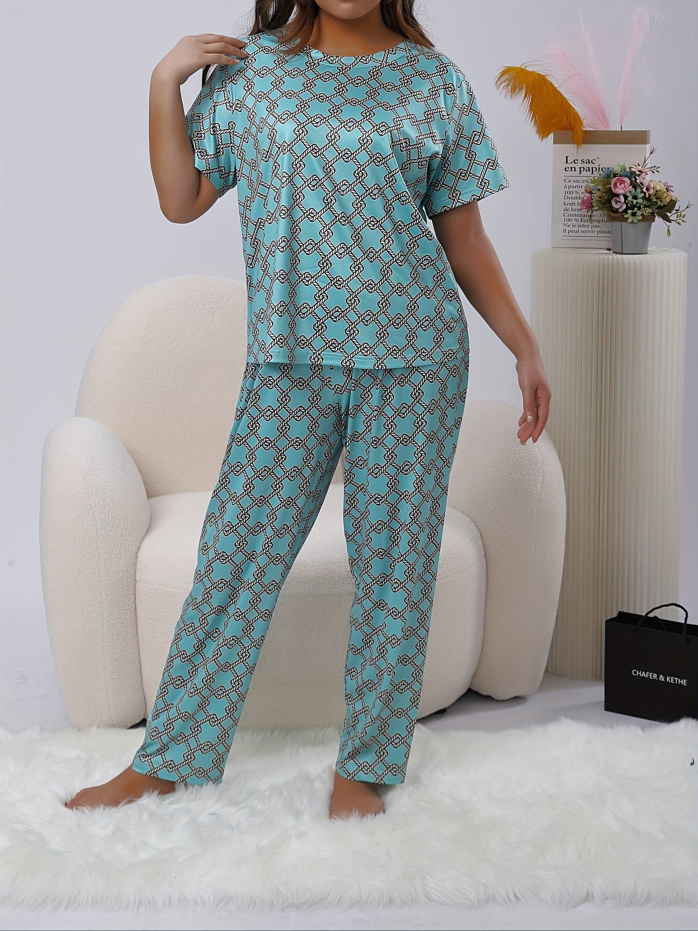 Plus Size Allover Print Casual Pants Suit