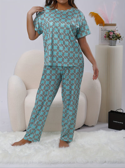 Plus Size Allover Print Casual Pants Suit