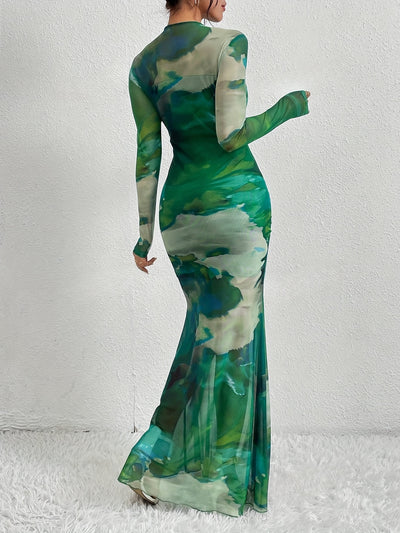 Tie Dye Long Sleeve Mesh Elegant Crew Neck Maxi Dress