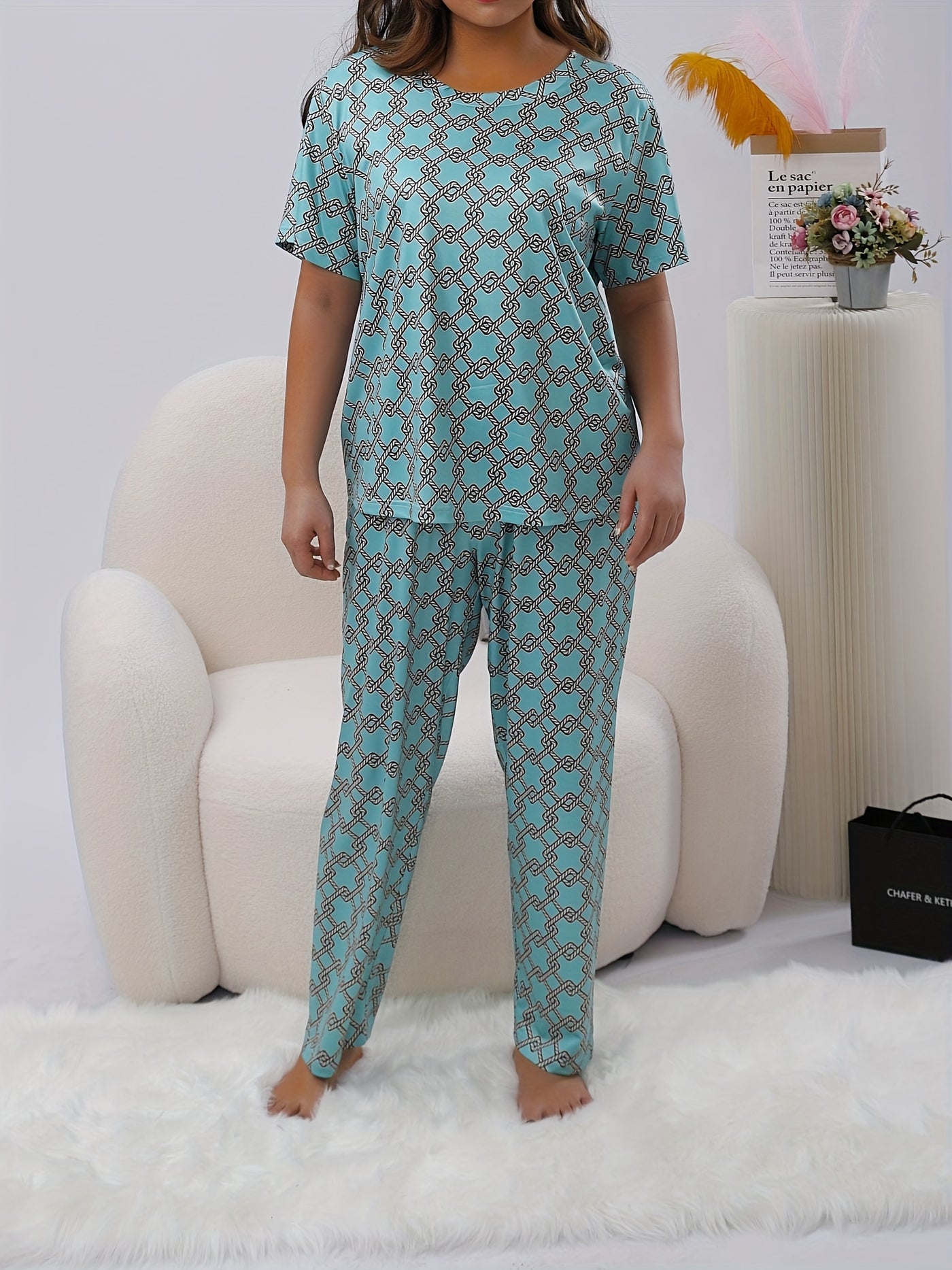 Plus Size Allover Print Casual Pants Suit