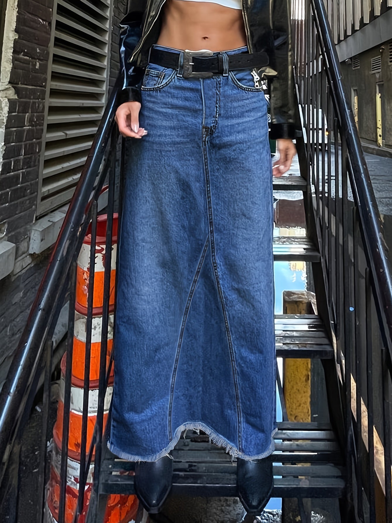 Raw Hem Slash Pocket Maxi Denim Skirt