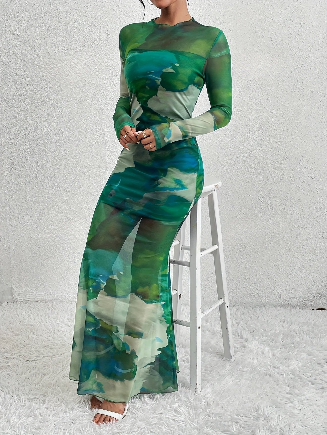 Tie Dye Long Sleeve Mesh Elegant Crew Neck Maxi Dress