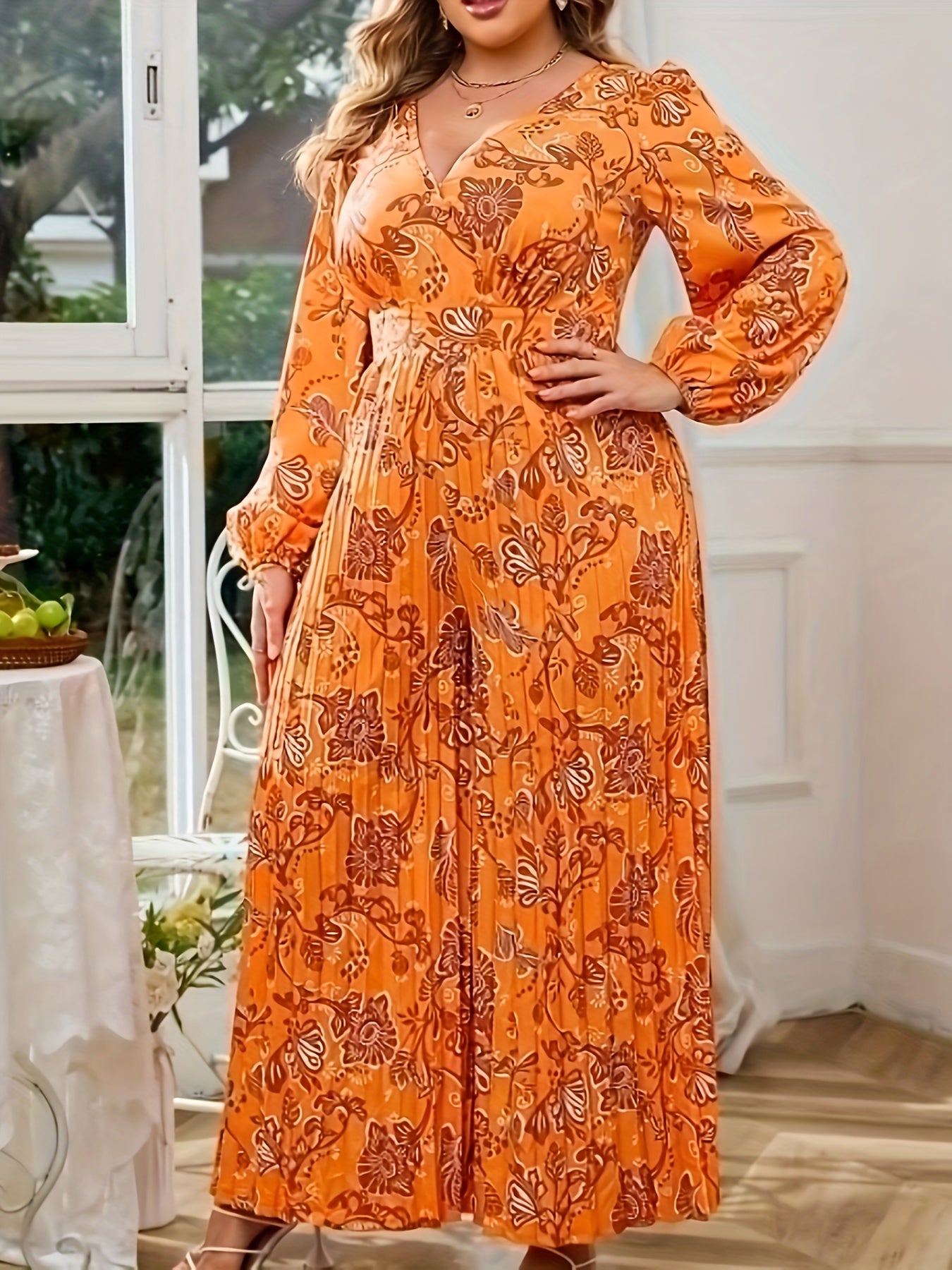 Plus Size Floral Print Pleated Wide Leg Long Sleeve Elegant Jumpsuit