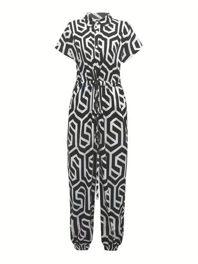 Women Print Drawstring Waist Casual  Short Sleeve Jumpsuit