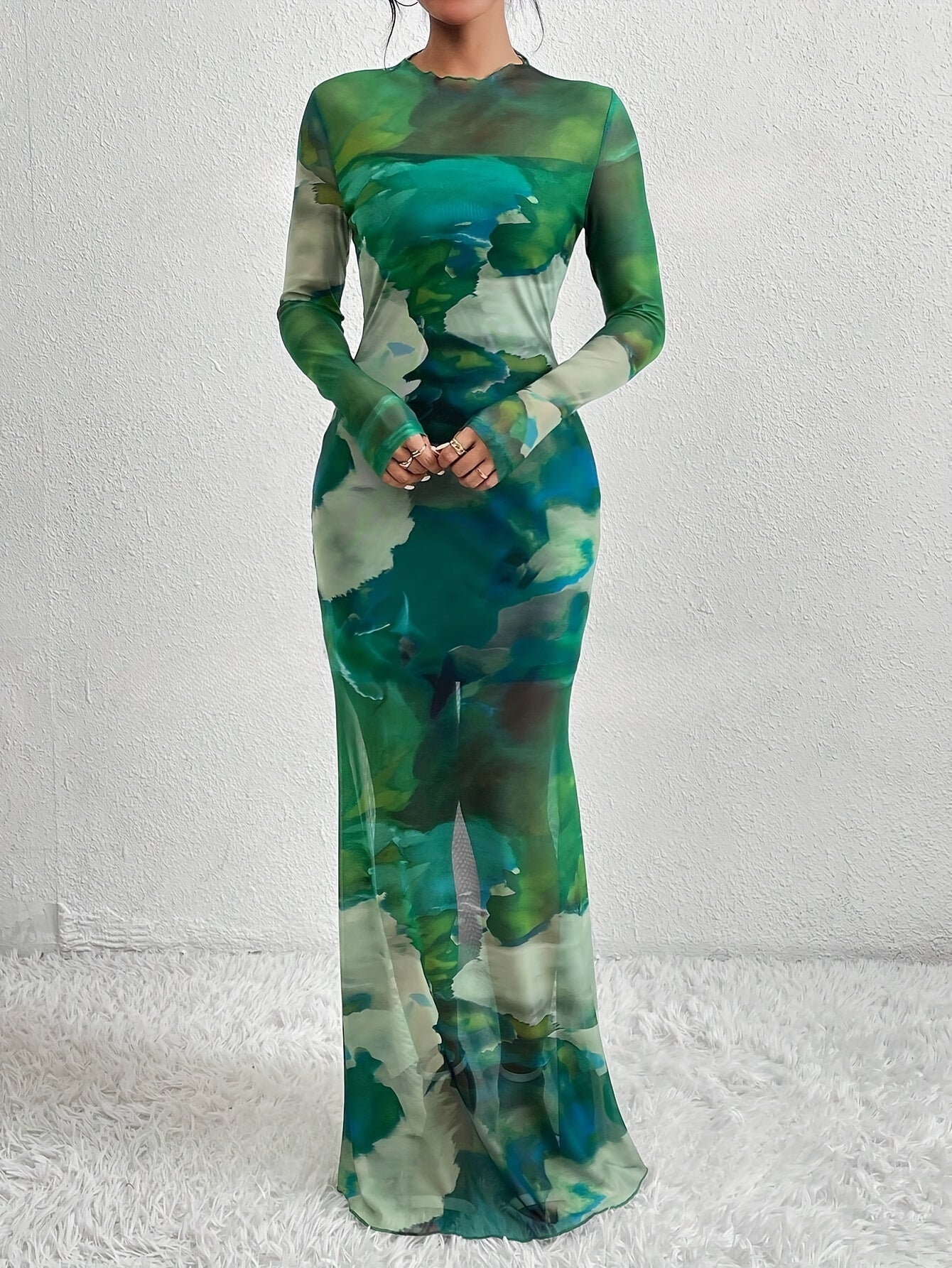 Tie Dye Long Sleeve Mesh Elegant Crew Neck Maxi Dress