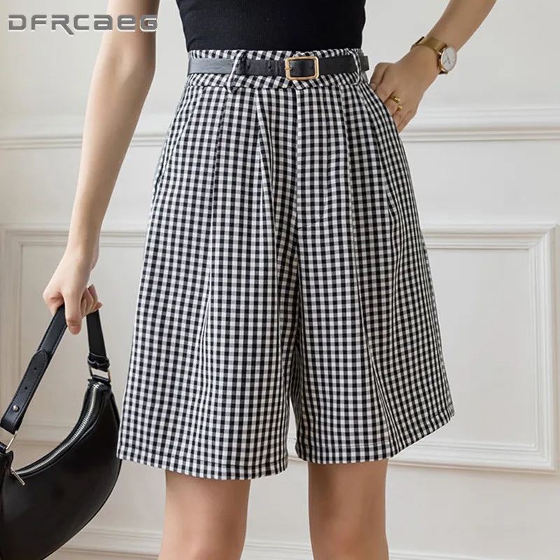 Black White Plaid Wide Leg Women Short