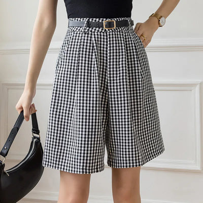 Black White Plaid Wide Leg Women Short