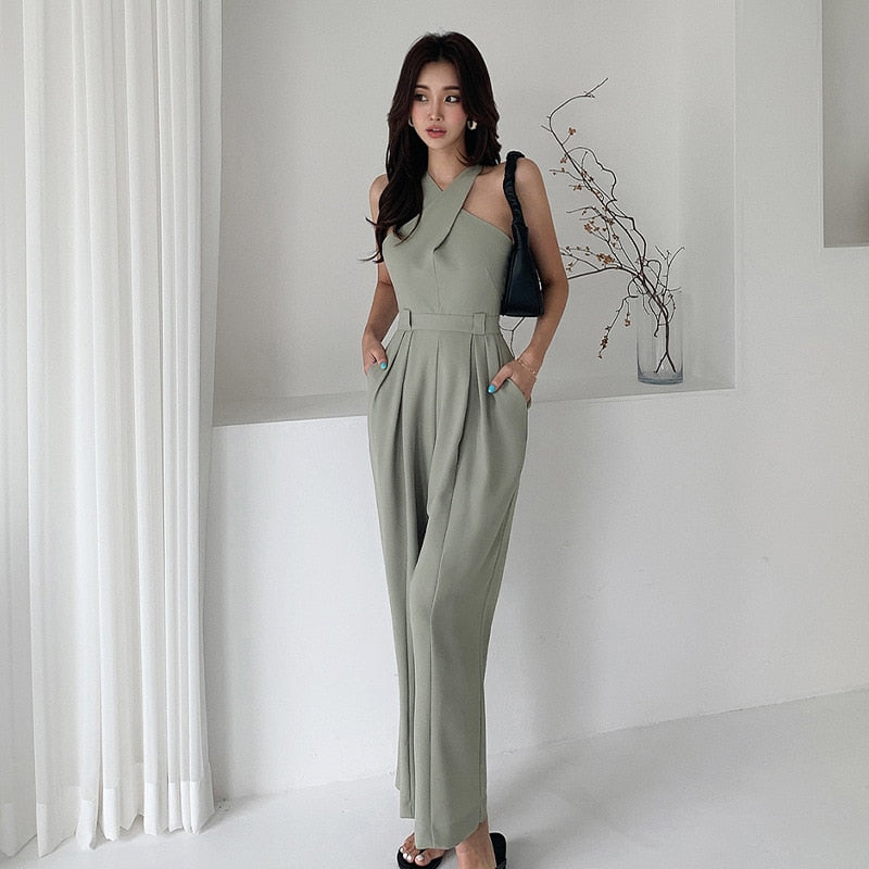 Elegant Belted Waist Casual Women Wide Leg Jumpsuit