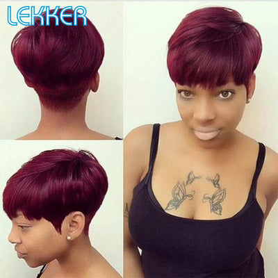 Remy Brazillian Colored Short Straight Bob Pixie Human Hair Wig With Bangs