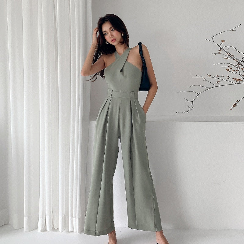 Elegant Belted Waist Casual Women Wide Leg Jumpsuit