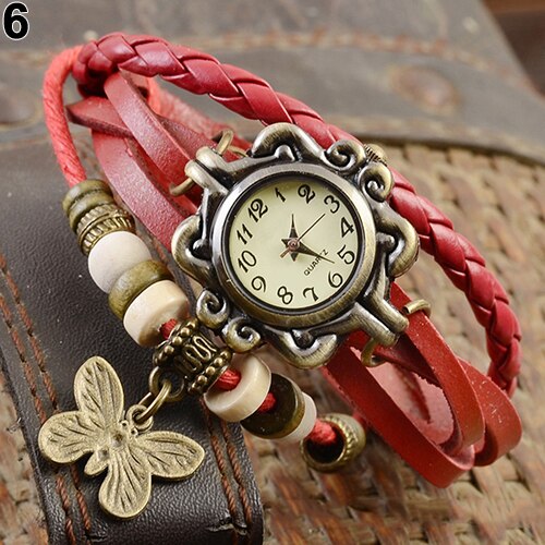 Women Casual Vintage Multilayer Butterfly Faux Leather Bracelet Wrist Watch