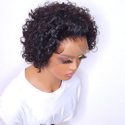 Short Curly Human Hair Pixie Cut Transparent Lace PrePluck Hairline Wig