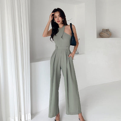 Elegant Belted Waist Casual Women Wide Leg Jumpsuit