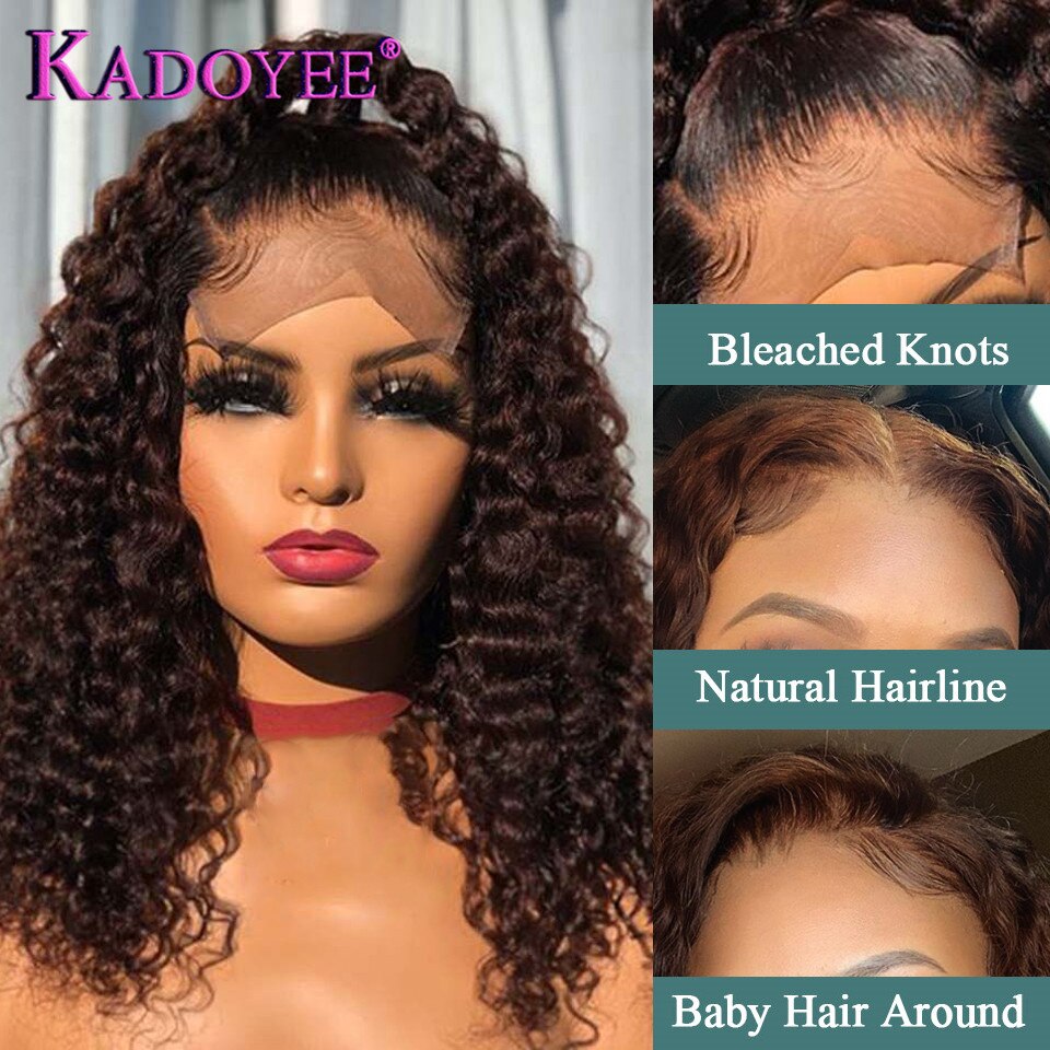 Malaysia 13x4 Brown Deep Curly Human Hair Lace Frontal Wig - Pre-Plucked