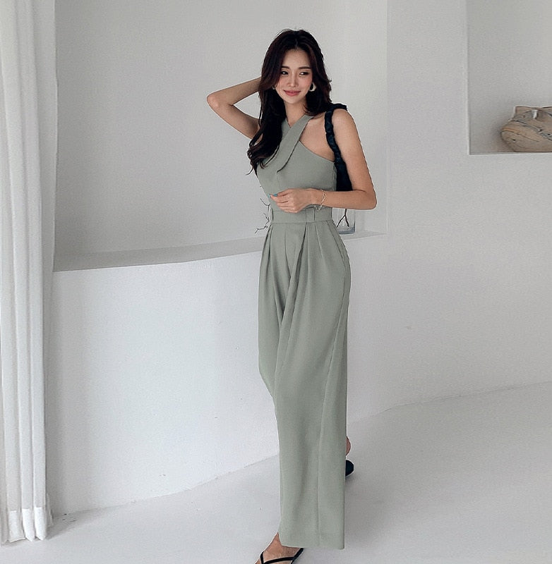 Elegant Belted Waist Casual Women Wide Leg Jumpsuit