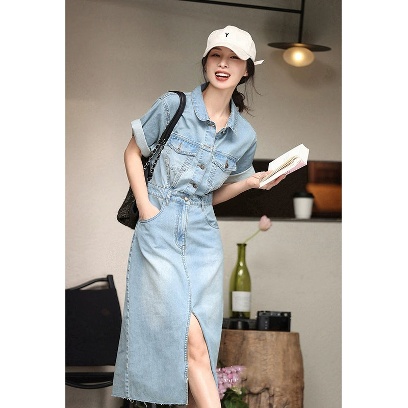 Polo Collar Long Length Waist-Tight Denim Dress