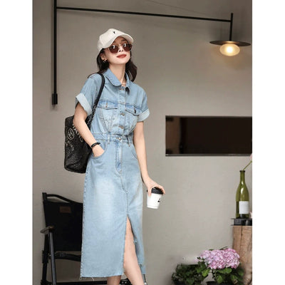 Polo Collar Long Length Waist-Tight Denim Dress