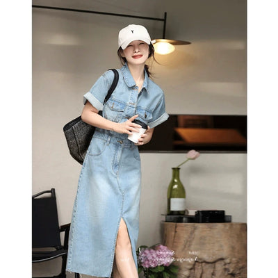 Polo Collar Long Length Waist-Tight Denim Dress