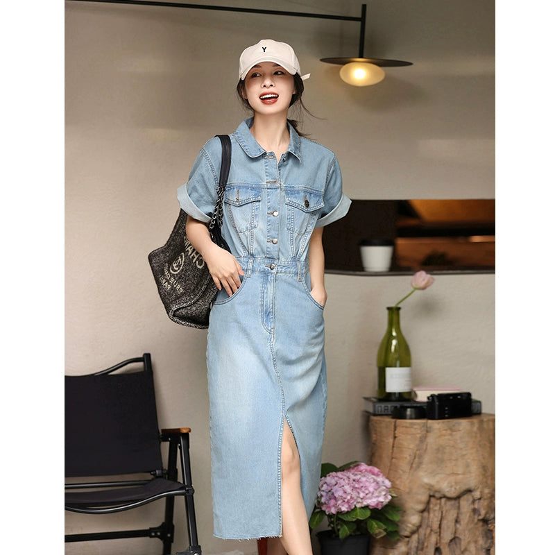 Polo Collar Long Length Waist-Tight Denim Dress