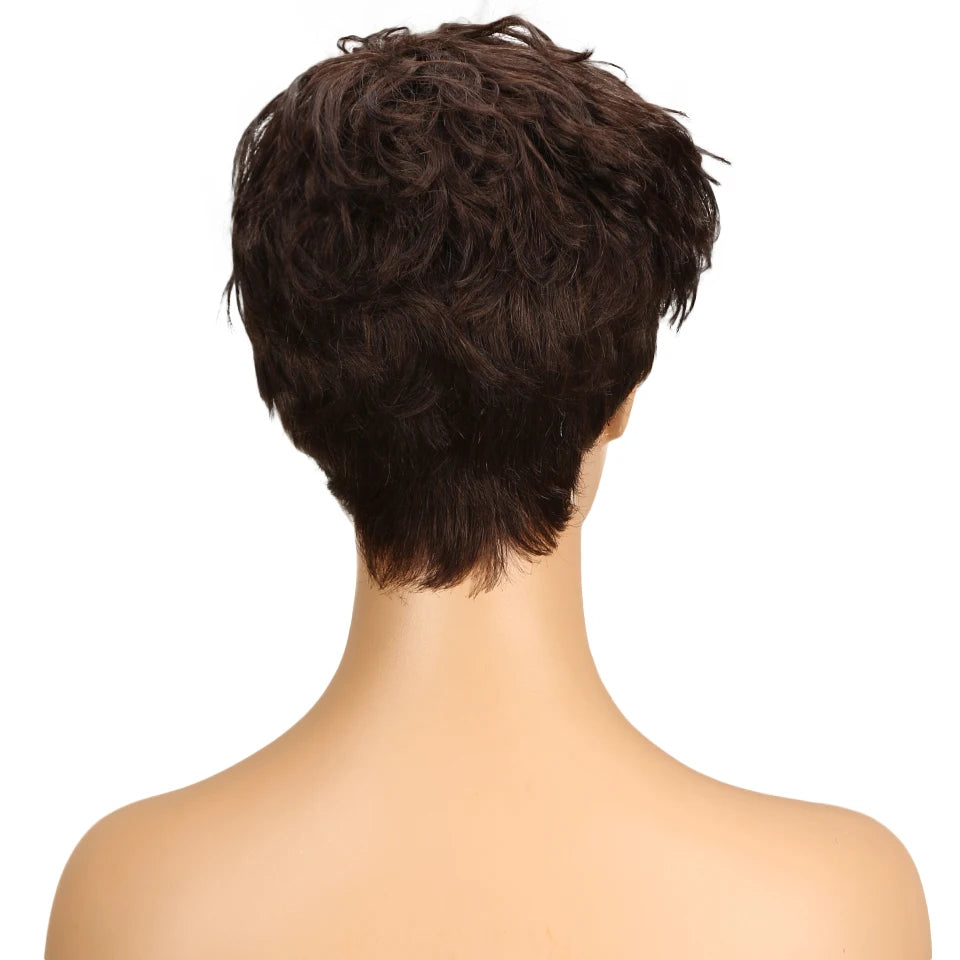 Brazilian Wear to go Natural Brown Short Pixie Cut Wavy Human Hair Wig