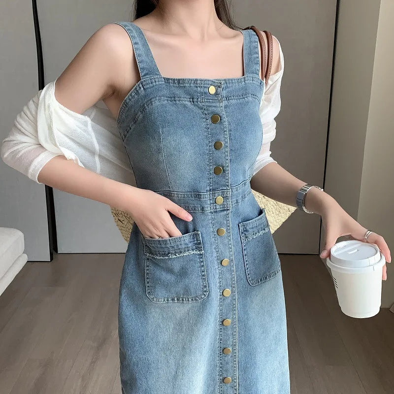 Women's Single Breasted Casual Denim Strap Dress