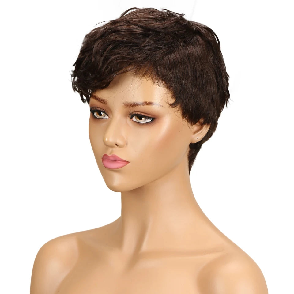 Brazilian Wear to go Natural Brown Short Pixie Cut Wavy Human Hair Wig