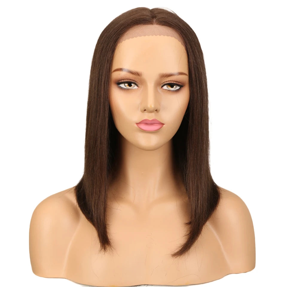 Brazilian Remy Glueless Brown Straight Bob 13x6x1T Part Lace Front Human Hair Wig