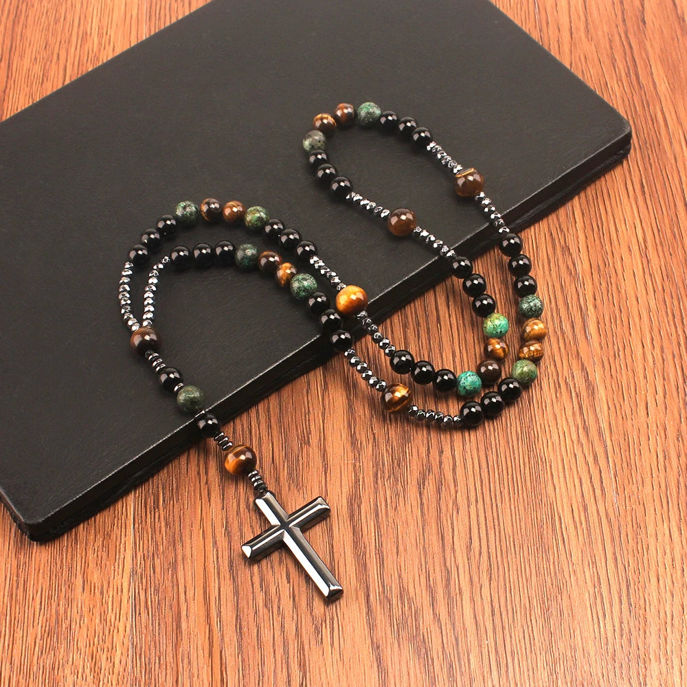 Natural Stone Africa Turquoise and Tiger-eye Beads Cross Pendant Rosary Necklace