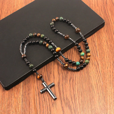 Natural Stone Africa Turquoise and Tiger-eye Beads Cross Pendant Rosary Necklace
