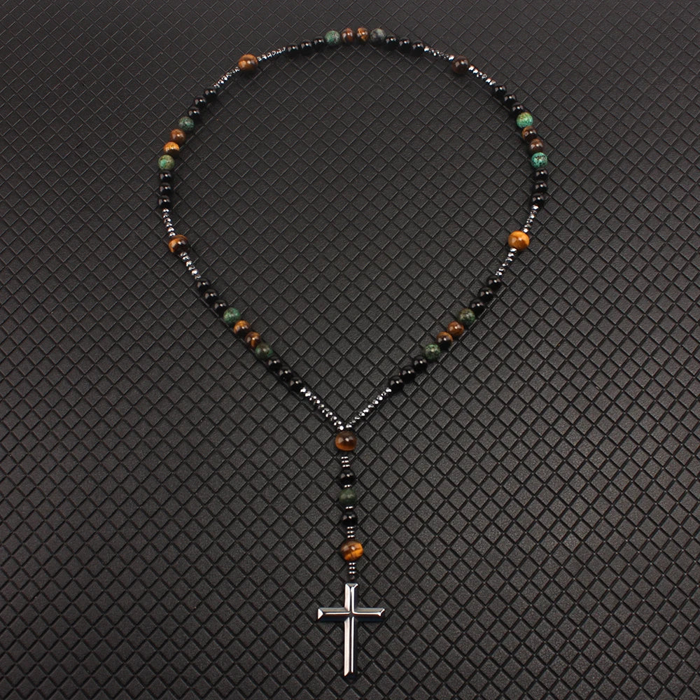 Natural Stone Africa Turquoise and Tiger-eye Beads Cross Pendant Rosary Necklace