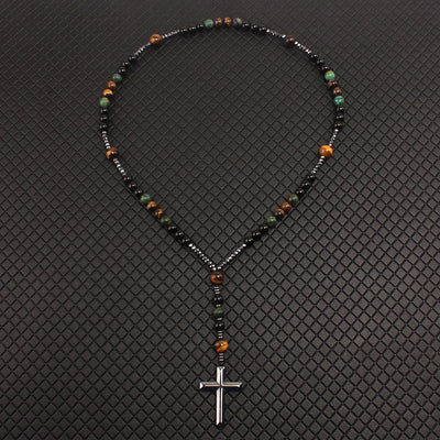 Natural Stone Africa Turquoise and Tiger-eye Beads Cross Pendant Rosary Necklace