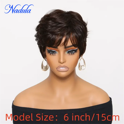Brown Human Hair Glueless Pixie Cut Bob Wig Layered Short Wavy With Bangs