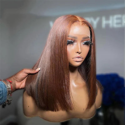 Chocolate Brown Straight Bob 13×4 Transparent Lace Front Human Hair Wig Pre Plucked Natural Hairline Top Quality