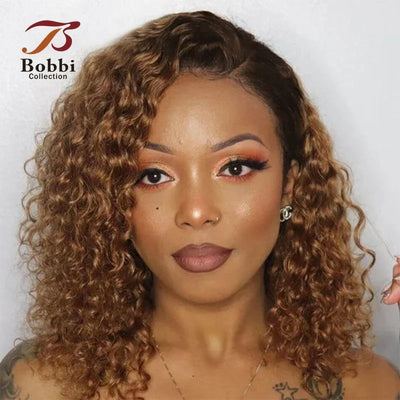 13x4 Jerry Curly Human Hair Ginger Brown Preplucked Transparent Lace Front Wig