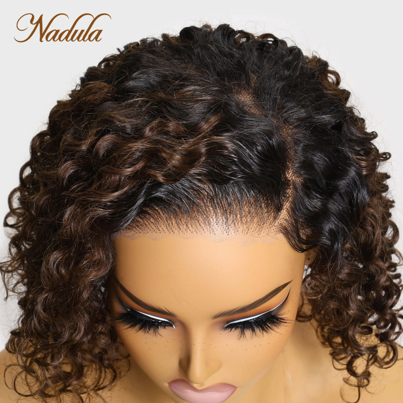Nadula Hair 7x5 Bye-Bye Knots Lace Frontal Side Part Wig Chestnut Brown Ombre Short Curly Bob Wig --Put on and Go Wig