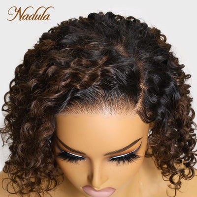 Nadula Hair 7x5 Bye-Bye Knots Lace Frontal Side Part Wig Chestnut Brown Ombre Short Curly Bob Wig --Put on and Go Wig