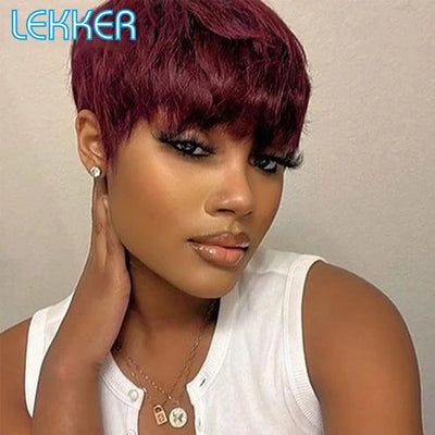 Remy Brazillian Colored Short Straight Bob Pixie Human Hair Wig With Bangs