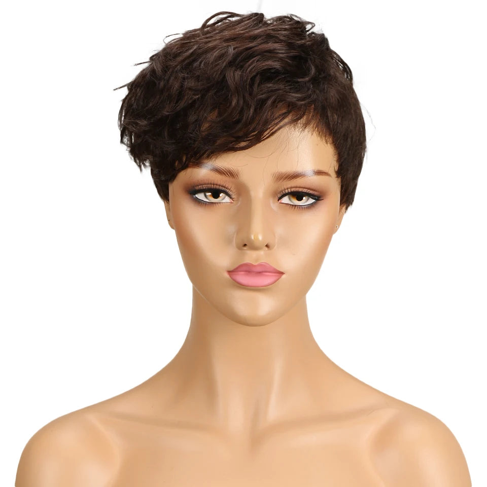 Brazilian Wear to go Natural Brown Short Pixie Cut Wavy Human Hair Wig